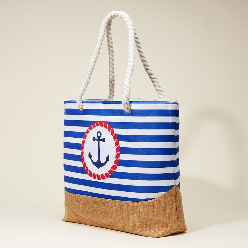 Nautical Anchor Striped Beach Tote Bag with Rope Handles Large Summer Travel