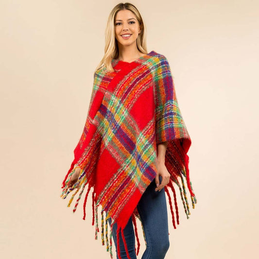 Plaid Poncho Women Fringe Hem Knit Shawl Wrap Cape Winter Layering Cozy