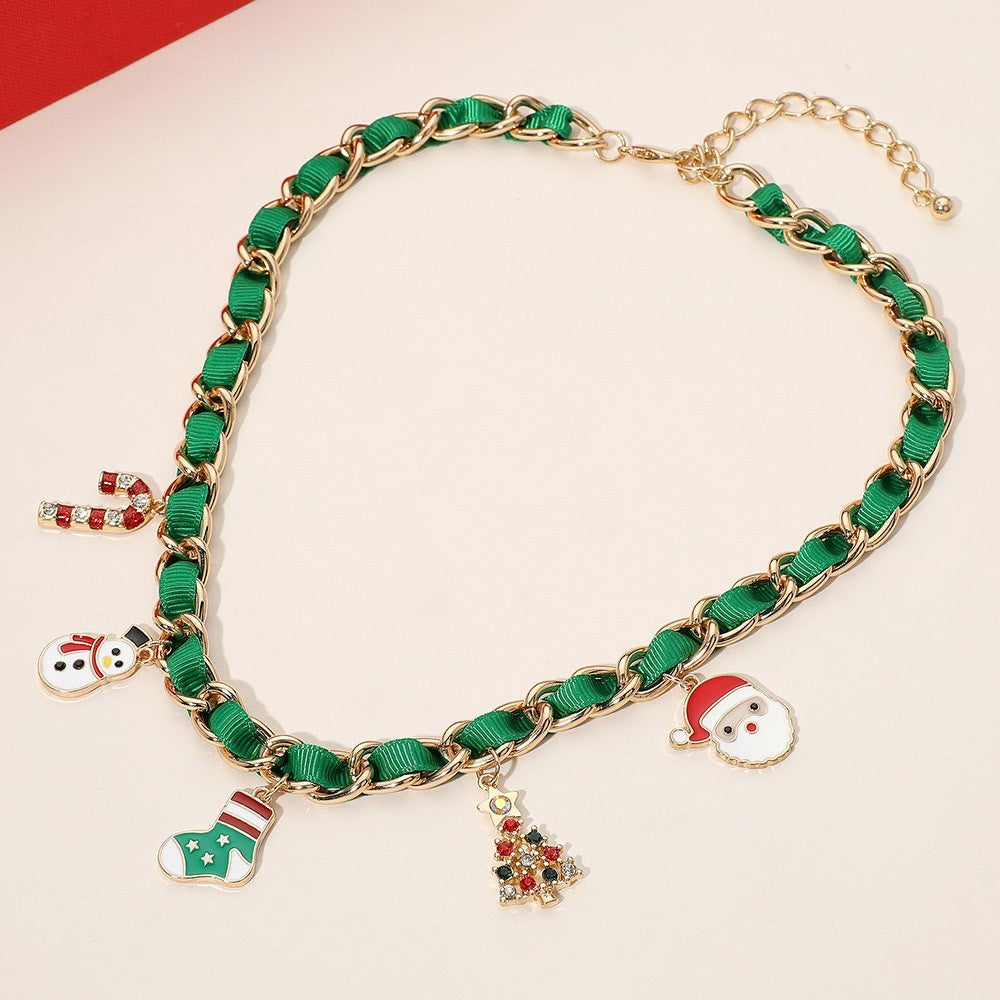 2PCS Christmas Charm Necklace Set Gold Green Chain Ribbon Holiday Jewelry Gift
