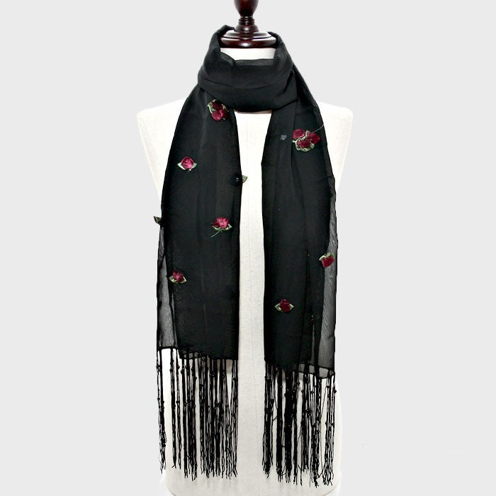 Ribbon Flower Accented Black Scarf – Elegant Fashion Accessory for Women