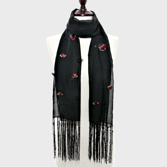 Ribbon Flower Accented Black Scarf – Elegant Fashion Accessory for Women
