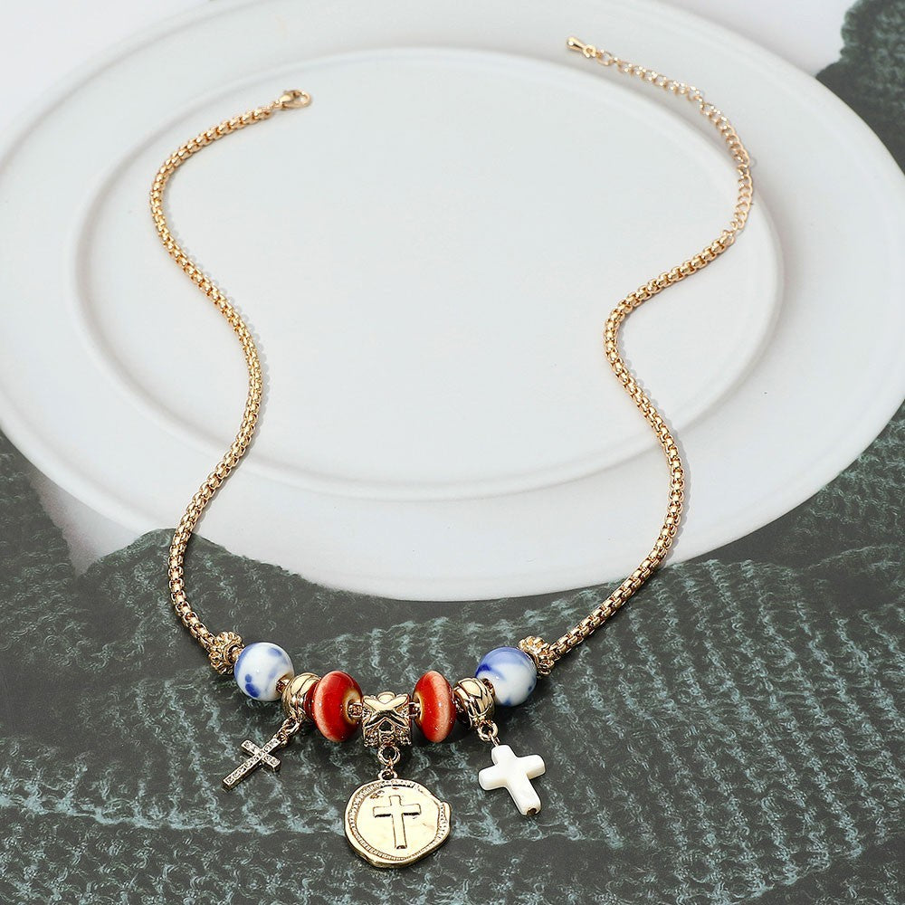 Gold Cross Ceramic Bead Charm Necklace Religious Pendant Jewelry for Women