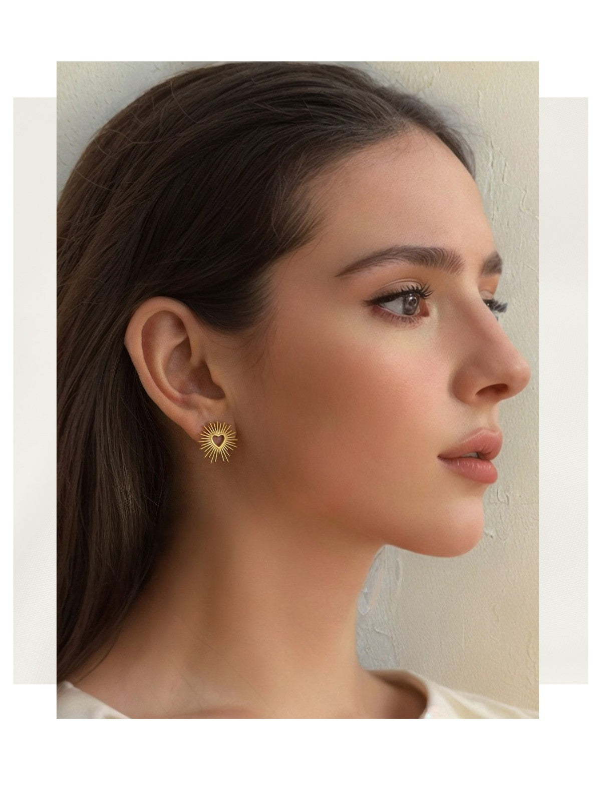 Golden Heart Sunburst Stud Earrings Stainless Steel Plated Hypoallergenic