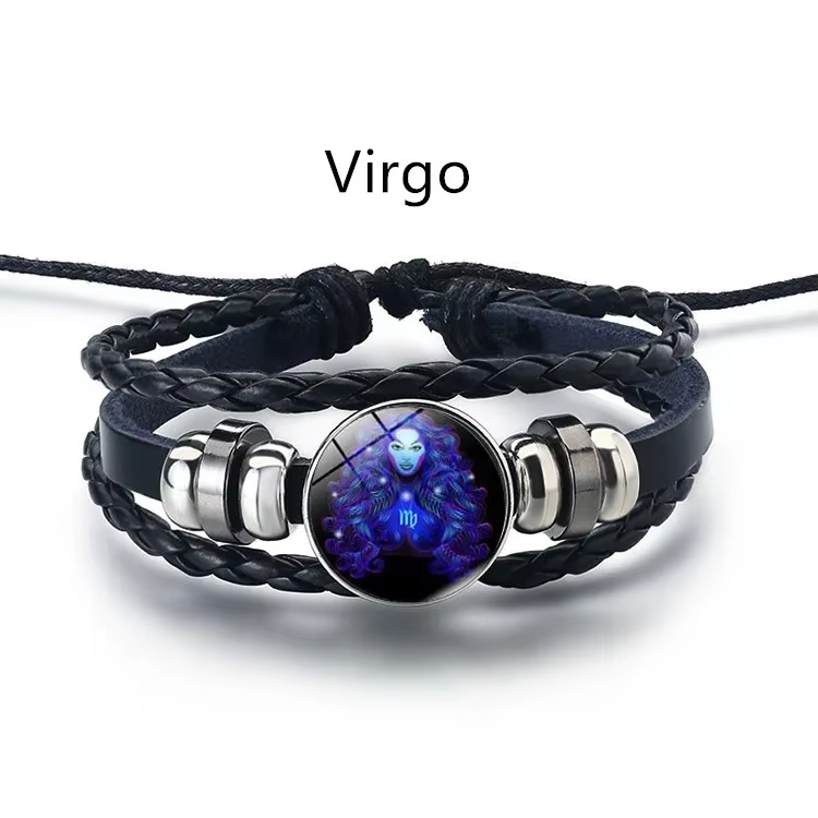 Leather Bracelet Bangle For Men Woman with Signs of the Zodiac Astrology