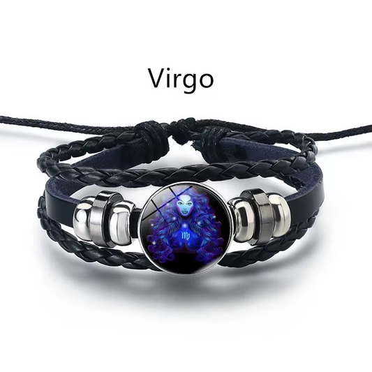 Leather Bracelet Bangle For Men Woman with Signs of the Zodiac Astrology
