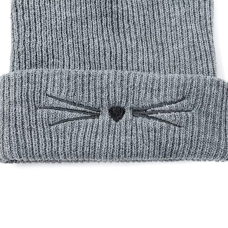 3pcs Women Cat Ear Beanie Hat Set Knit Skull Cap Winter Warm Faux Fur Pom Pom