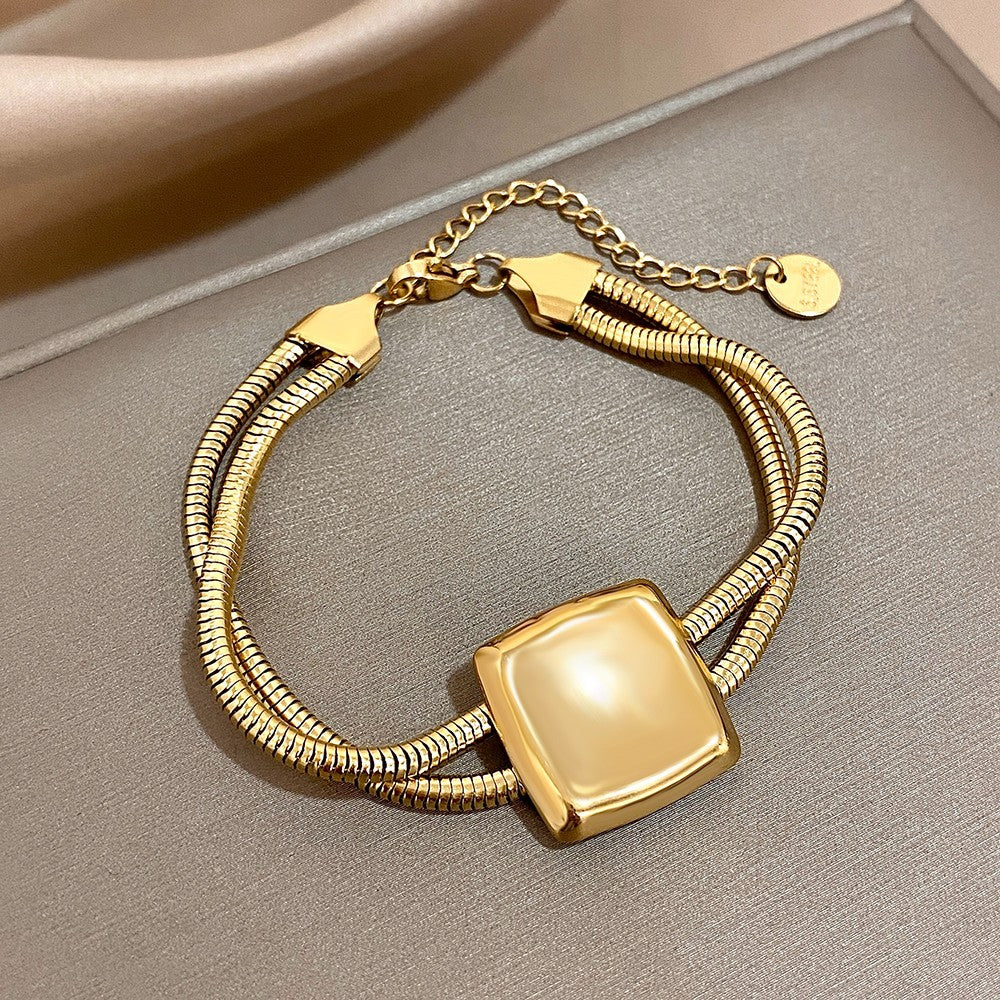 Gold Snake Bone Chain Bracelet Women Square Charm Adjustable Stainless Steel Gif