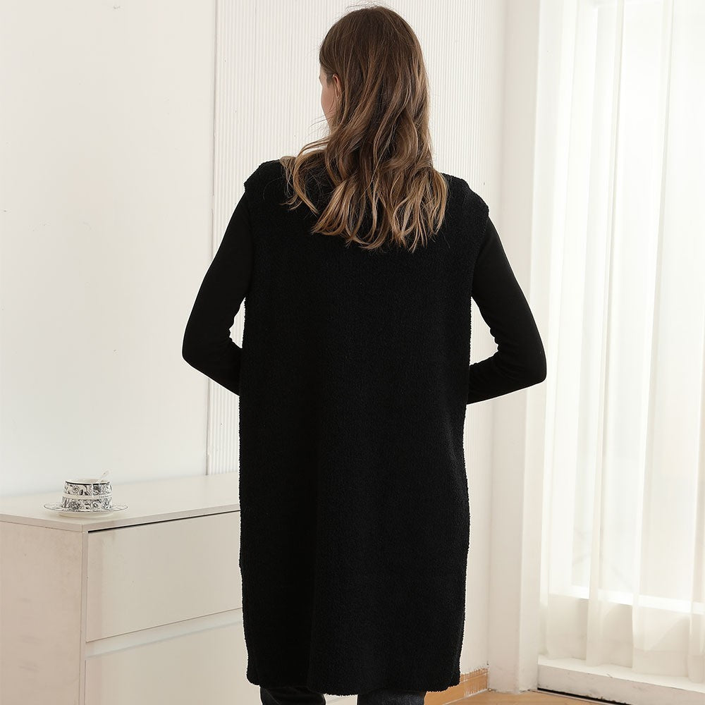 Women's Solid Color Open Front Long Sleeveless Vest Cozy Textured Relaxed Black