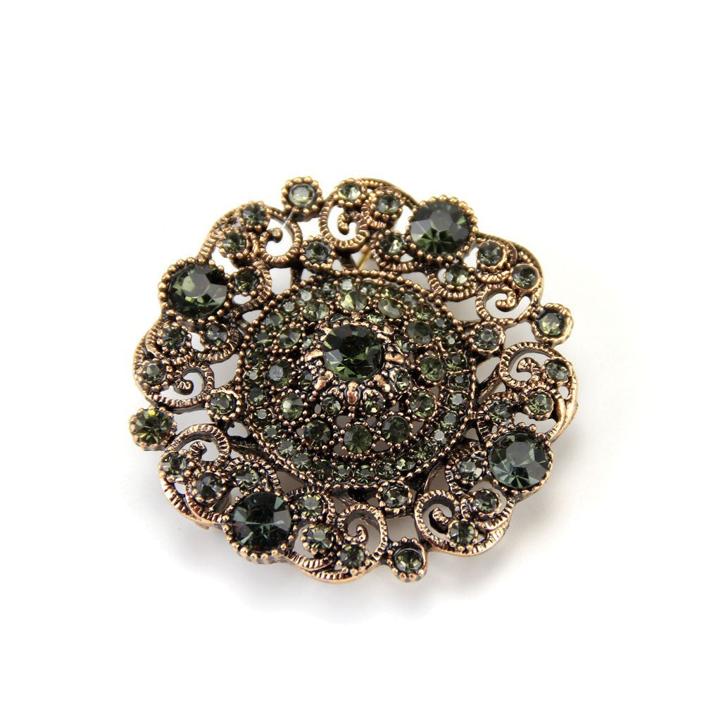 2PCS Antique Gold Dark Green Rhinestone Crystal Brooch Pin Set Vintage Style