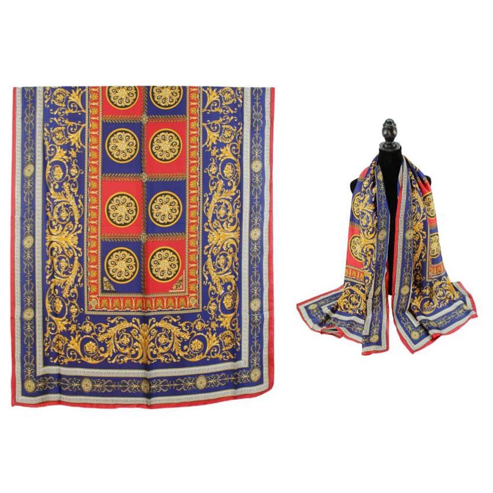 Abstract Print Silky Satin Oblong Scarf Shawl – Navy Blue Lightweight Wrap