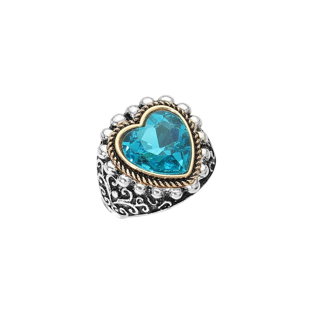 Antique Metal Heart Stone Stretch Ring for Women Adjustable Vintage Fashion Chic