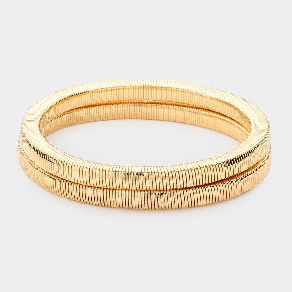 2PCS Gold Tone Metal Stretch Bracelets for Women Stackable Lightweight Set