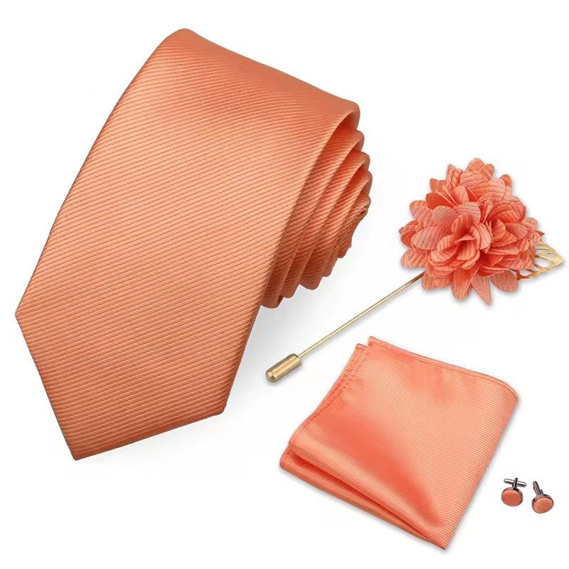 Men’s Apricot Silk Tie Set: Formal Necktie, Pocket Square, Cufflinks & Lapel Pin