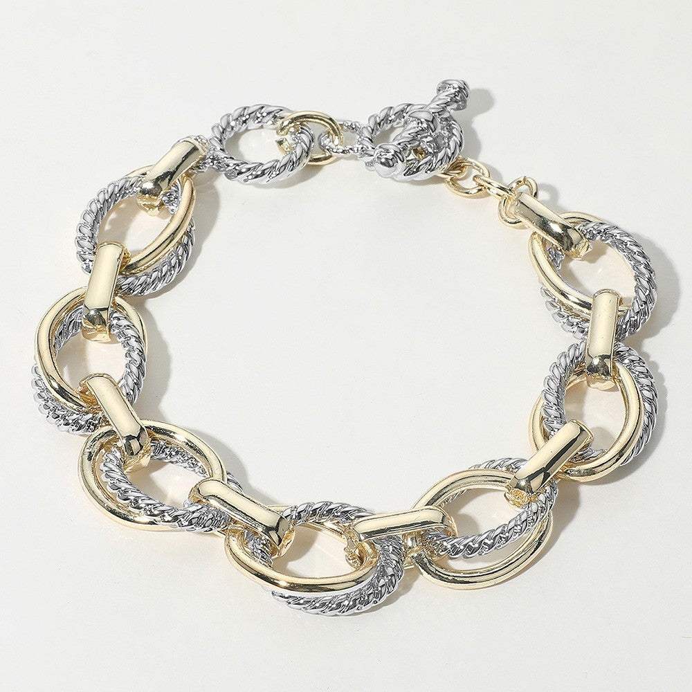 14K Gold Plated Two-Tone Chunky Bold Chain Link Bracelet with Toggle Clasp