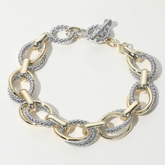 14K Gold Plated Two-Tone Chunky Bold Chain Link Bracelet with Toggle Clasp