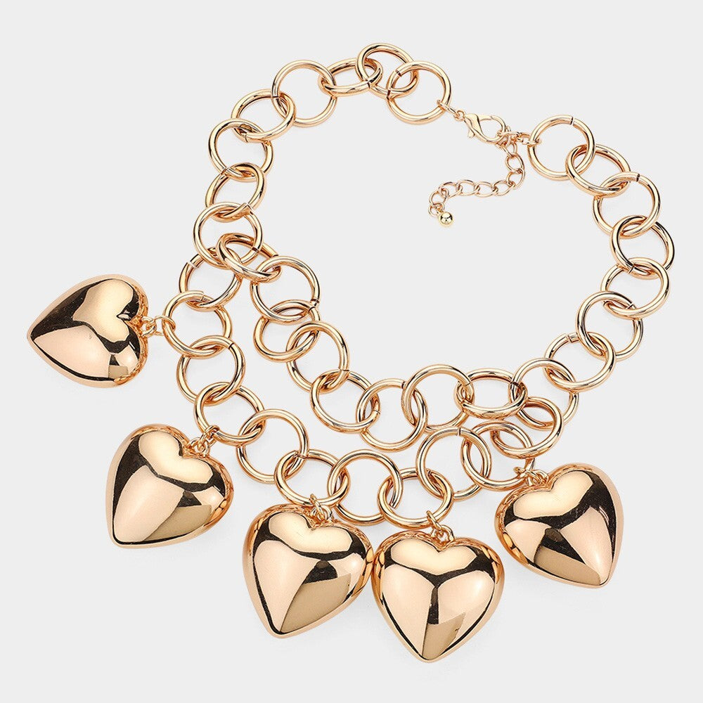 Chunky Metal Heart Charm Station Layered Chain Necklace for Women Fashion