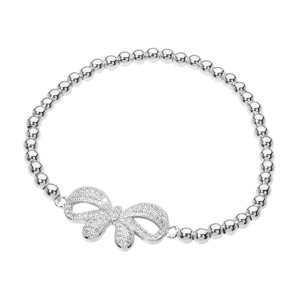 2-Piece Set  Gold & Silver Bow Beaded Stretch Bracelet Womens Stainless Steel