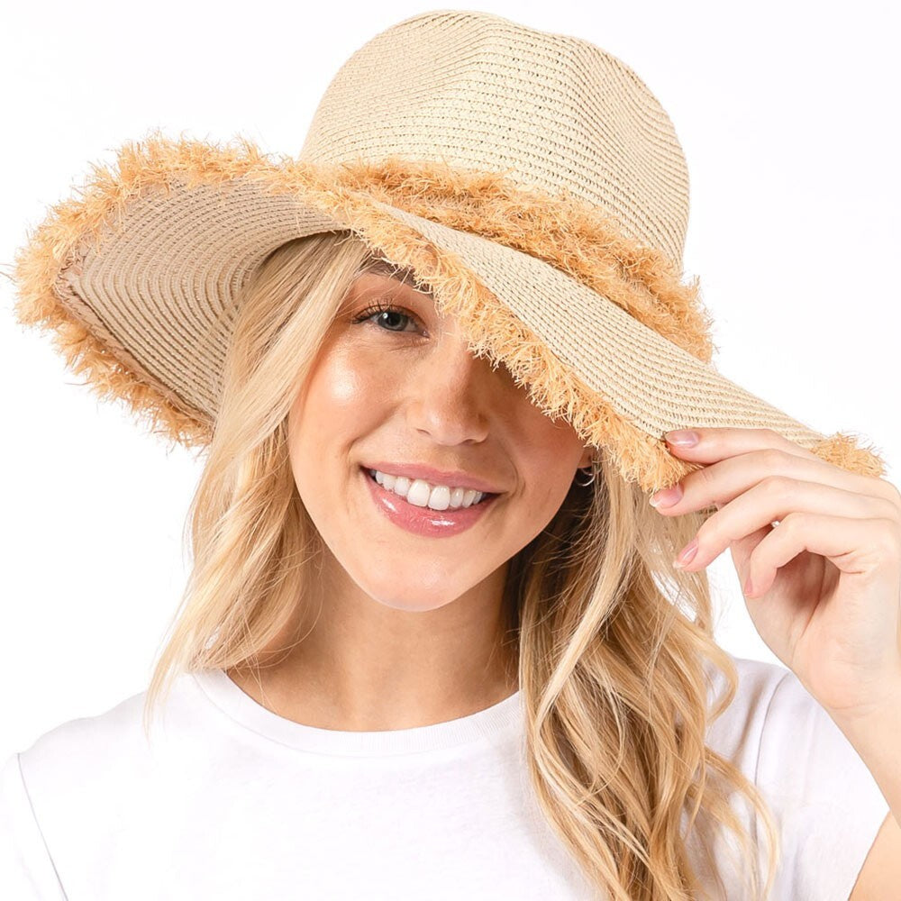 Bohemian Frayed Brim Straw Hat for Women Outdoor Wide Brim Sun Hat Beige