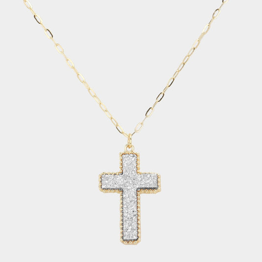 Gold Tone Druzy Cross Pendant Necklace Sparkly Crystal Stone Fashion Jewelry