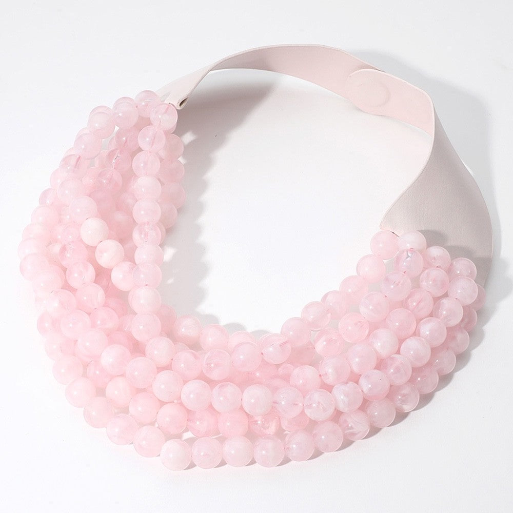 Multi Strand Pink Rose Quartz Bead Necklace Faux Leather Collar Jewelry