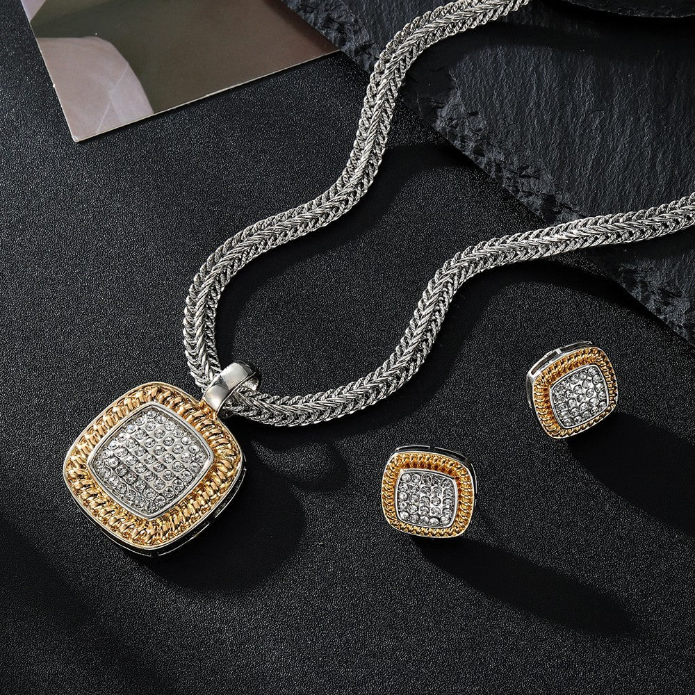 Two Tone Crystal Cushion Pendant Necklace with Braided Chain Earrings Set