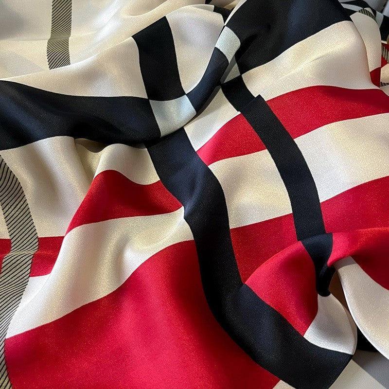Silk Feel Beige Red Black Plaid Scarf Shawl Wrap | Women’s Satin Check Print