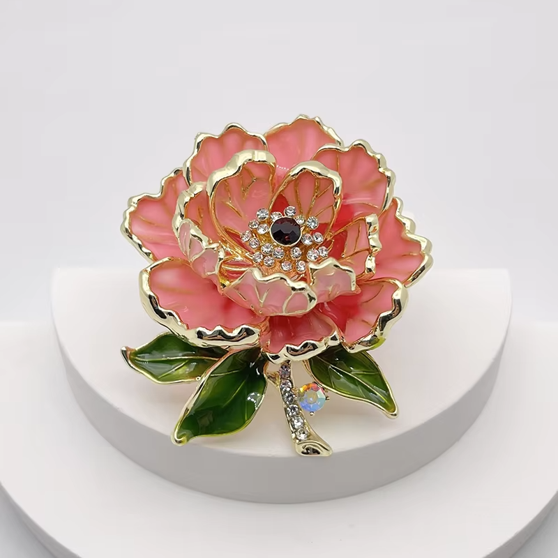 Elegant Large Pink Peony Flower Brooch Pin Gold Tone & Rhinestone Jewelry
