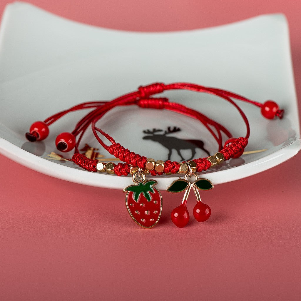 Red Cord Cherry & Strawberry Bracelets Set Adjustable Friendship BFF Gift Idea