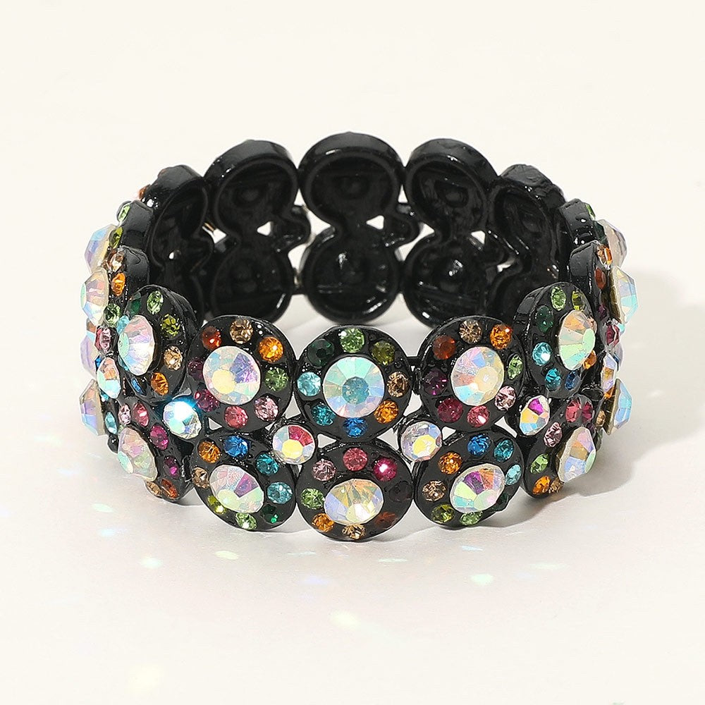 Black Multicolored Crystal Rhinestone Wide Stretch Fashion Statement Bracelet