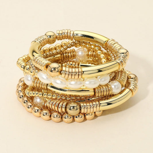 11pc Chic Gold Beaded Bracelet Set Mixed Pearl and Metal Stackable Jewelry Gift
