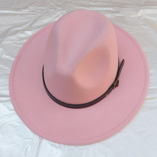 Women’s Belt Band Pointed Fedora Hat Wide Brim Classic Fashion Cap Pink Stylish