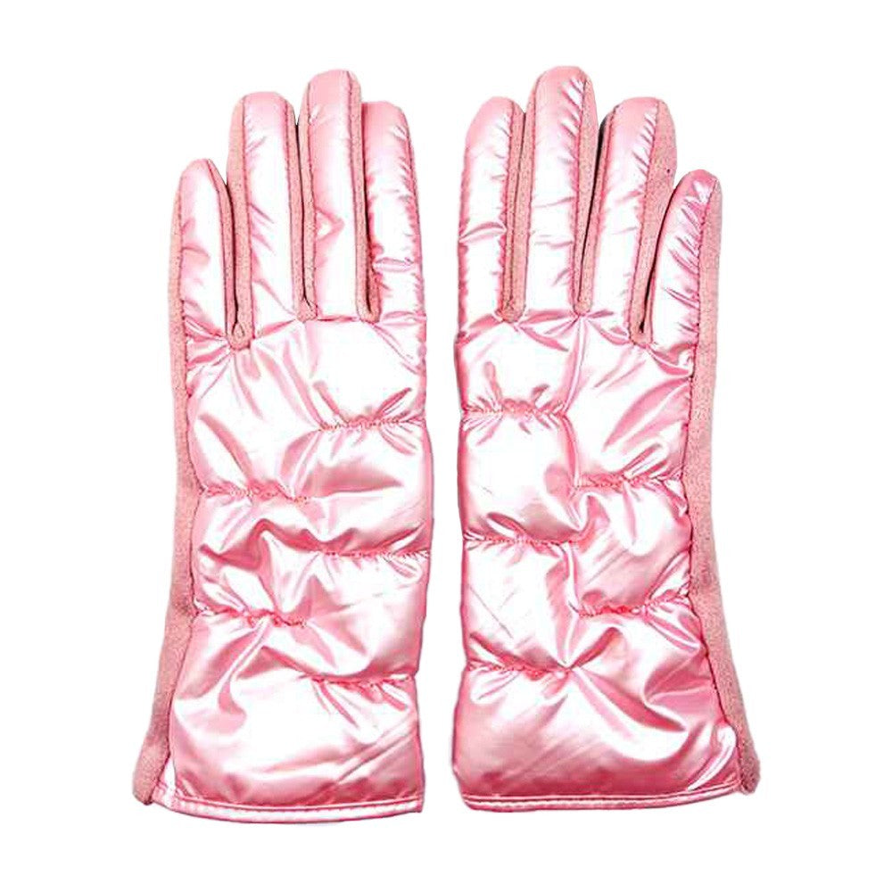 Women's One Size Puffer Smart Touch Soft Shiny Warm Winter Quilted Gloves Pink