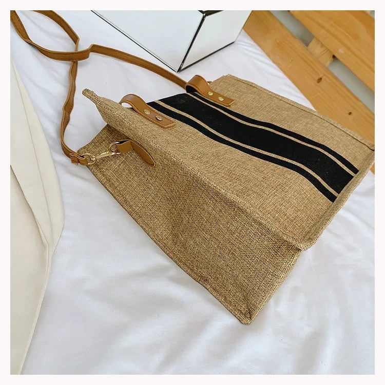 Canvas Stripe Bucket Handbag for Women Large Capacity Casual Tote Shoulder Cross