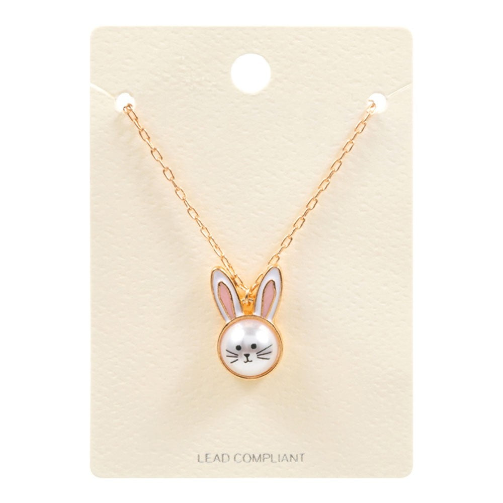 Dainty Pearl Bunny Pendant Necklace - Whimsical Enamel Rabbit Jewelry