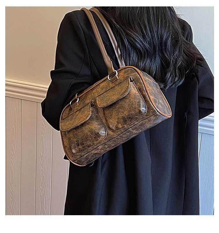 Vintage Y2K Distressed Brown Faux Leather Bowling Bag Double Pocket Shoulder Bag