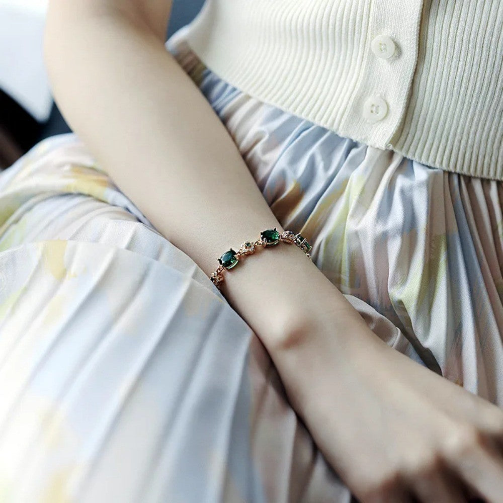 Green Crystal Gold Link Bracelet for Women | Elegant Fashion Jewelry Gift Ladies