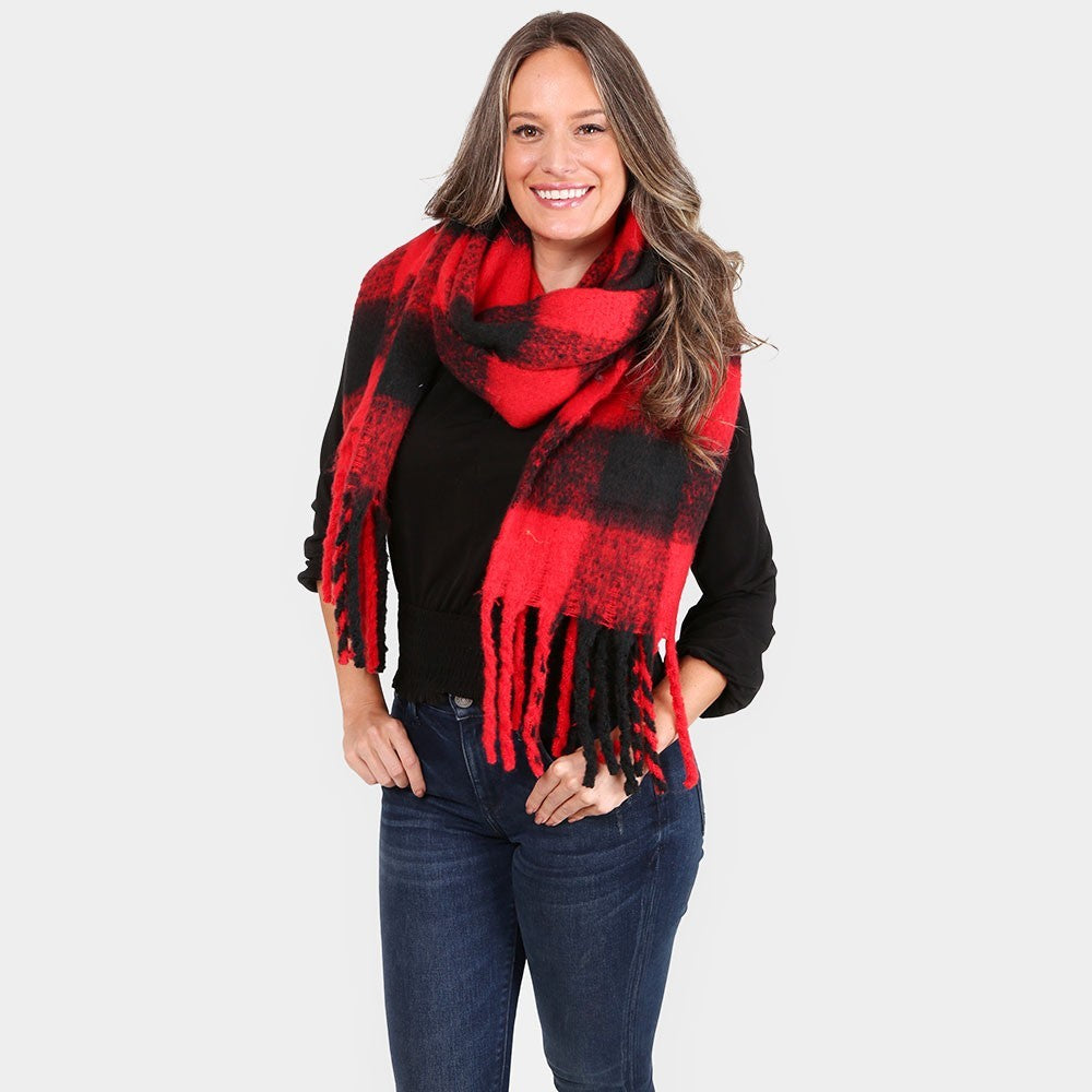 Super Soft Plaid Check Patterned Tassel Fringed Oblong Scarf for Women Red Black