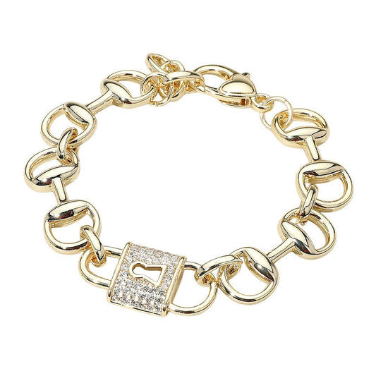 14K Gold Plated CZ Padlock Charm Chunky Chain Bracelet for Women Jewelry Gift