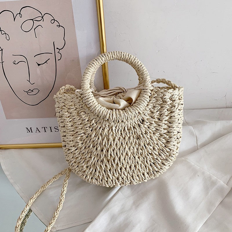 Hand-Woven Straw Daisy Bag for Women| Boho Moon-Shaped Summer Crossbody Purse