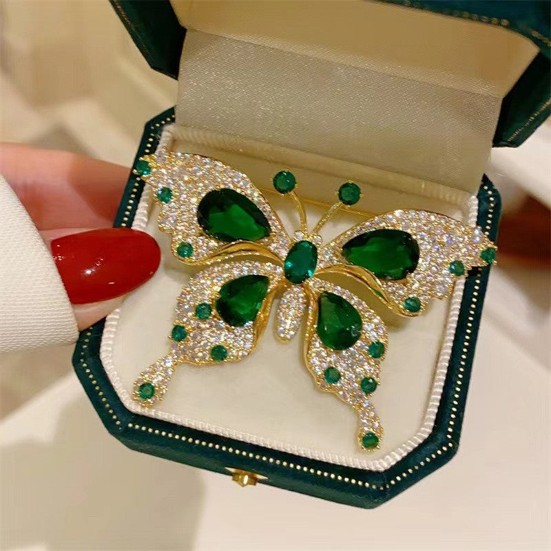 Retro Green Emerald Crystal Butterfly Brooch for Women Girls Elegant Pin