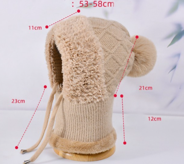 Plush Lined Knitted Pompom Balaclava Hooded Scarf Women's Winter Beanie Set Warm