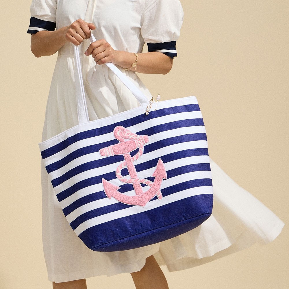 Nautical Striped Canvas Beach Tote Bag with Pink Anchor Patch