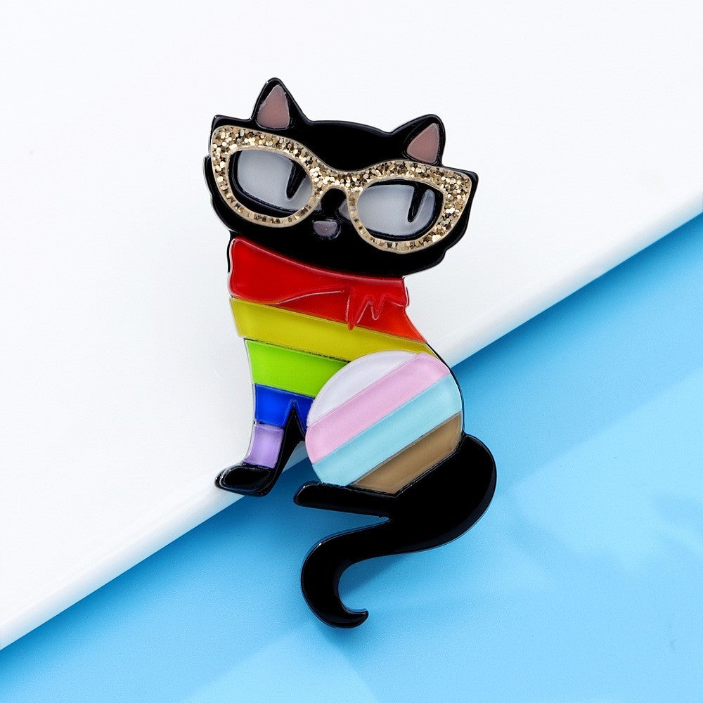 Colorful Acrylic Cat Brooch Pin Sparkle Glitter Glasses Fun Whimsical Badge