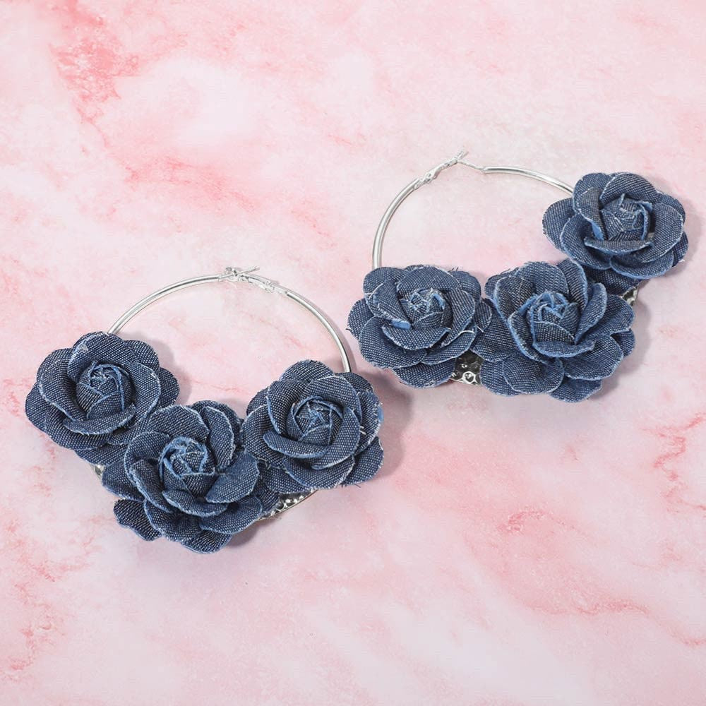 Large Silver Tone Hoop Earrings with Triple Blue Denim Fabric Rose Accents