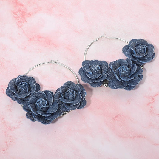 Large Silver Tone Hoop Earrings with Triple Blue Denim Fabric Rose Accents