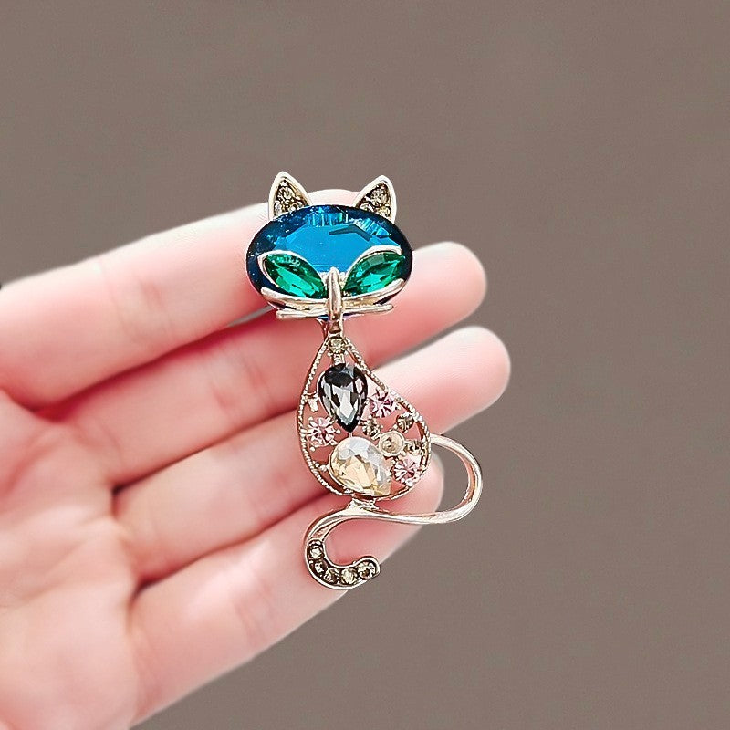 Sparkling Teal Crystal Cat Brooch Pin Animal Lover Jewelry Gift Rhinestone