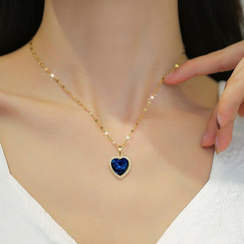 Gold Heart Blue Crystal Pendant Necklace Women’s Jewelry Gift 16" Chain