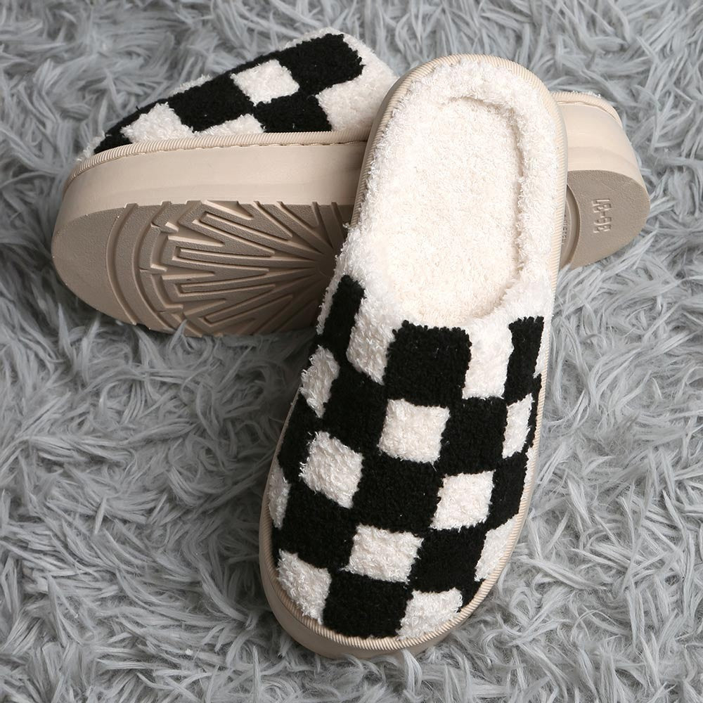 Checkered Platform Slippers Women Men Soft Indoor House Floor Comfy Cozy Shoes