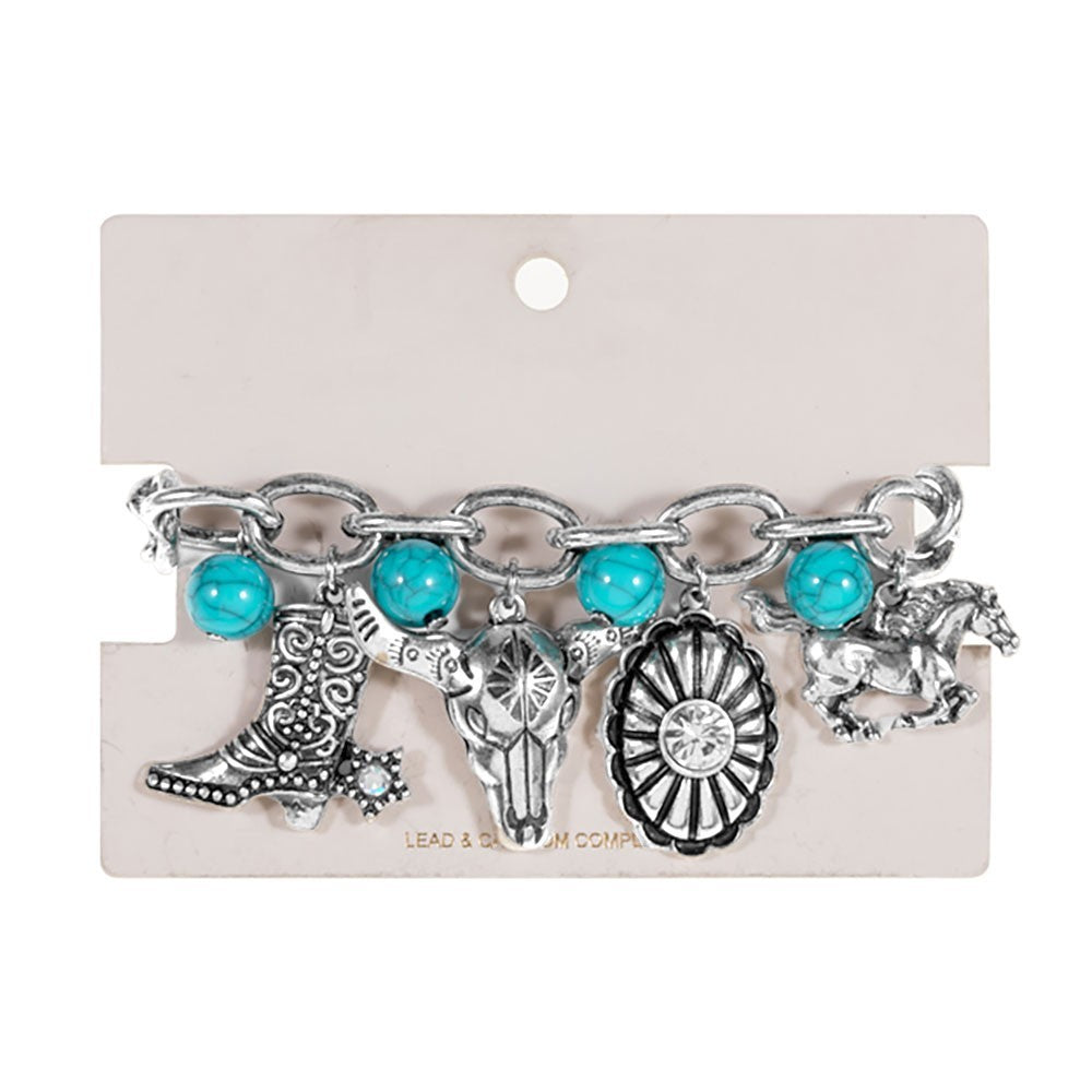 Boho Western Cowboy Boot Steer Head Cactus Concho Feather Charm Station Bracelet