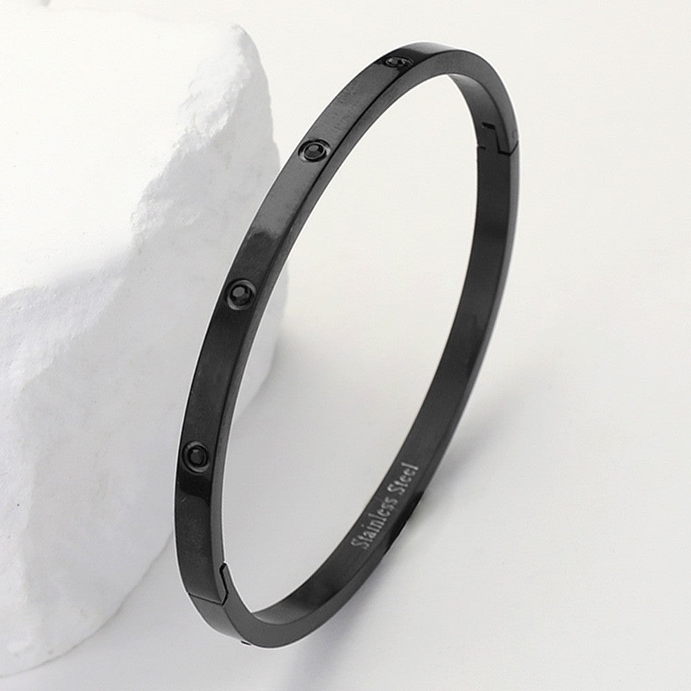 Black Stainless Steel Crystal Inlay Hinged Bangle - Sleek Modern Bangle